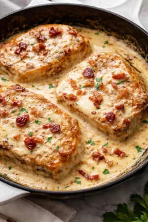 Delicious pork chops topped with creamy bacon sauce served on a plate