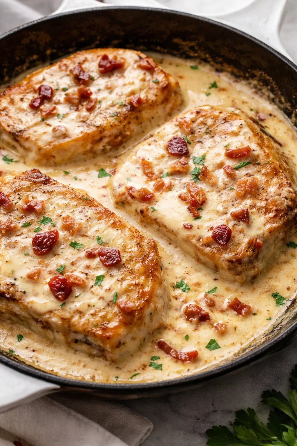 Delicious pork chops topped with creamy bacon sauce served on a plate