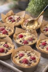 Delicious raspberry chocolate chip muffins with a crunchy crumble topping
