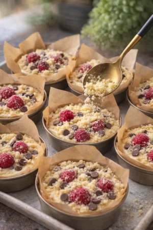 Delicious raspberry chocolate chip muffins with a crunchy crumble topping
