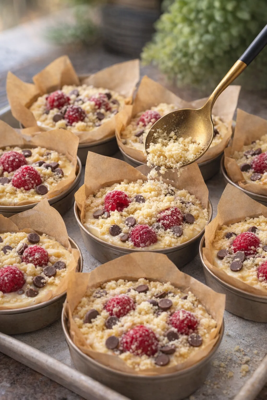 Delicious raspberry chocolate chip muffins with a crunchy crumble topping