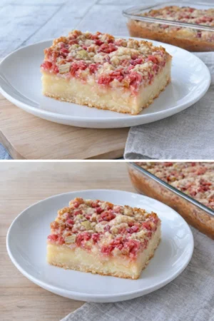 Delicious homemade Rhubarb Custard Bars on a plate