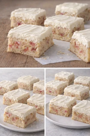 Delicious rhubarb custard bars on a rustic wooden table.