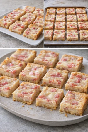 A plate of delicious Rhubarb Custard Bars with a creamy filling and crumbly crust.