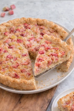 Delicious rhubarb custard pie with a golden crust and creamy filling