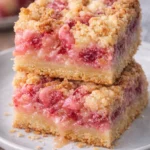 Rhubarb Dream Bars topped with a creamy layer and fresh rhubarb.