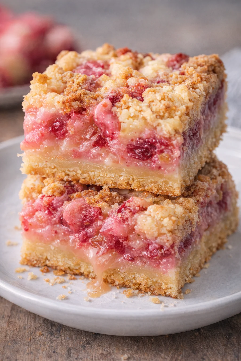 Rhubarb Dream Bars topped with a creamy layer and fresh rhubarb.