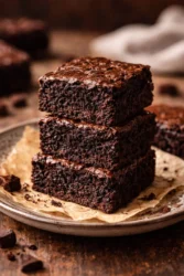 Deliciously rich fudgy brownies with a gooey center and chocolate glaze.