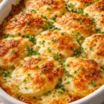 A delicious serving of Roasted Garlic Potatoes Gratin with melted cheese and herbs.
