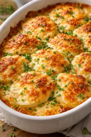 A delicious serving of Roasted Garlic Potatoes Gratin with melted cheese and herbs.