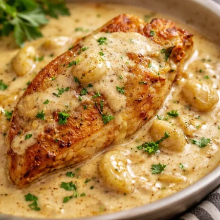 Creamy garlic chicken served with a rich sauce on a plate.