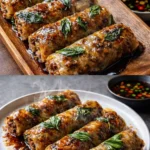 Savory Thai Basil Beef wrapped in rice paper rolls for a delicious meal.