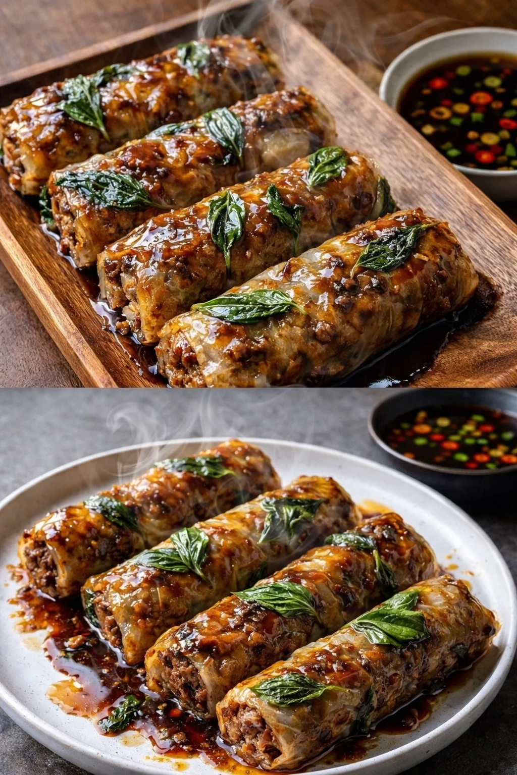 Savory Thai Basil Beef wrapped in rice paper rolls for a delicious meal.