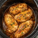 Slow cooker chicken breasts ready to serve with herbs and spices