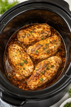 Slow cooker chicken breasts ready to serve with herbs and spices