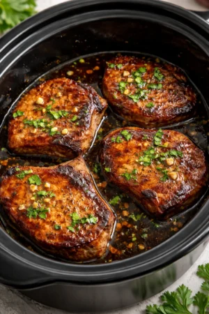 Plate of slow cooker honey garlic pork chops with vegetables