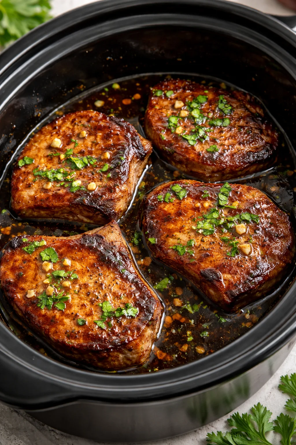 Plate of slow cooker honey garlic pork chops with vegetables