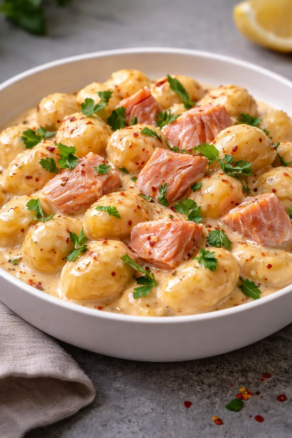 Plate of creamy smoked salmon gnocchi garnished with herbs