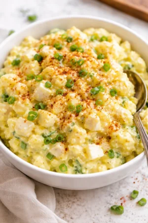 A bowl of creamy Southern Potato Salad garnished with herbs
