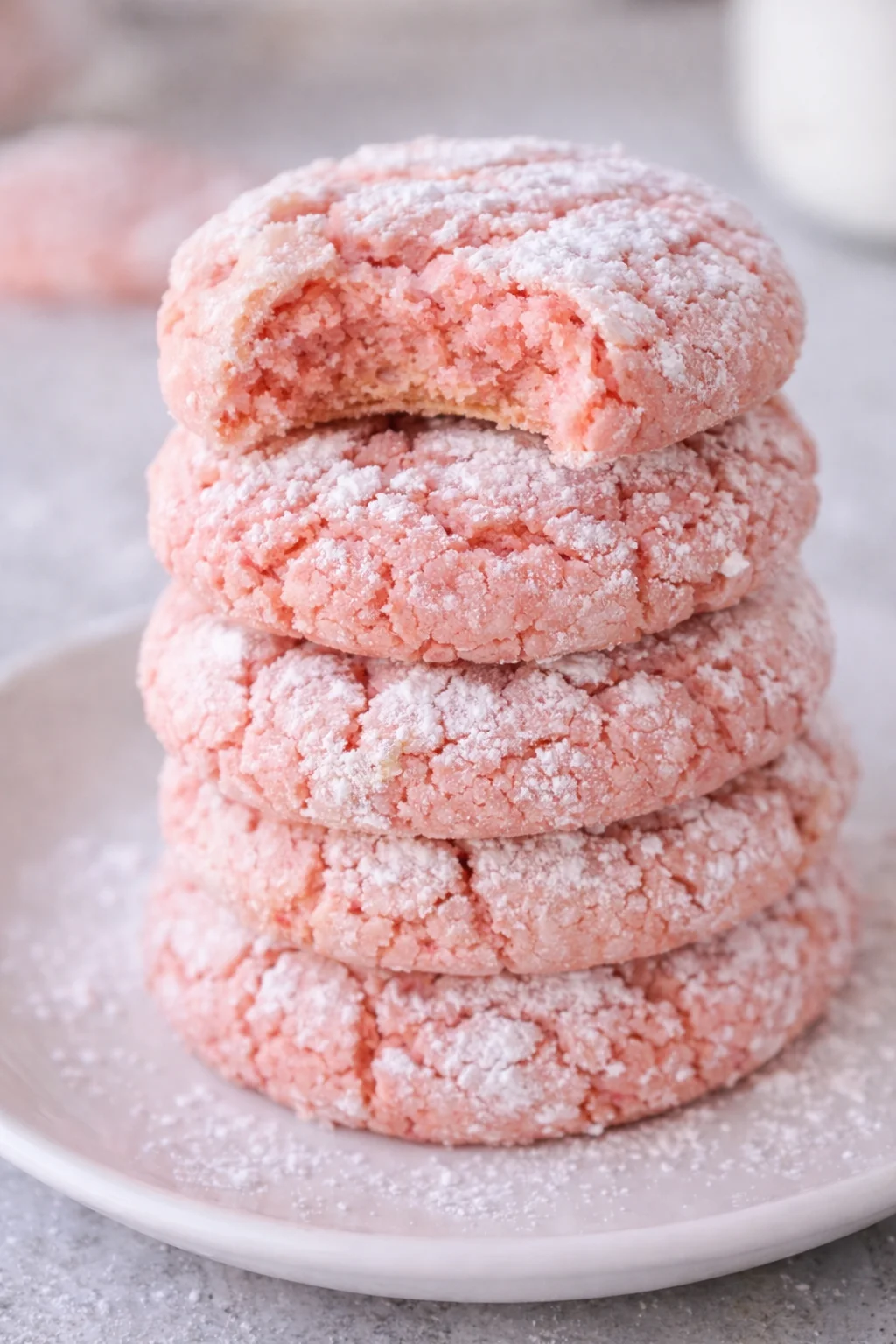 Strawberry Cake Mix Crinkle Cookies on a plate with powdered sugar