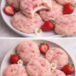 A plate of delicious Strawberry Cheesecake Cookies with fresh strawberries on top.
