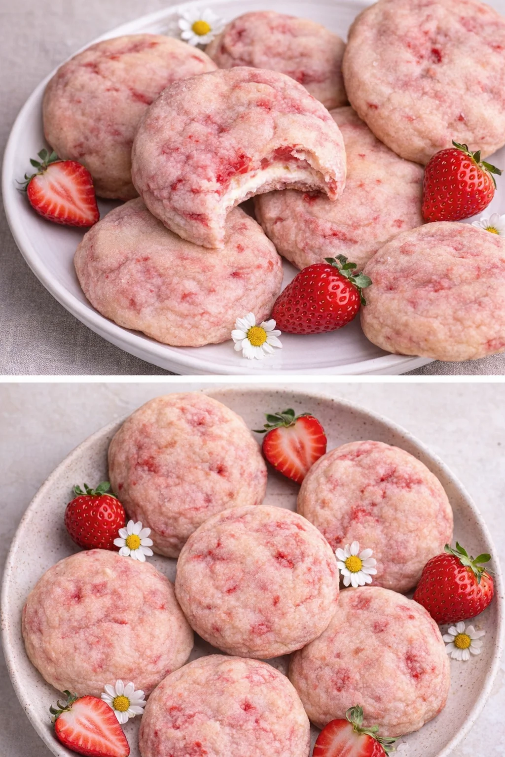 A plate of delicious Strawberry Cheesecake Cookies with fresh strawberries on top.