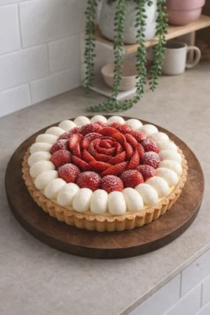 Delicious Strawberry Custard Tart topped with fresh strawberries and a creamy layer.
