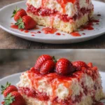 A slice of Strawberry Earthquake Cake topped with fresh strawberries and cream.