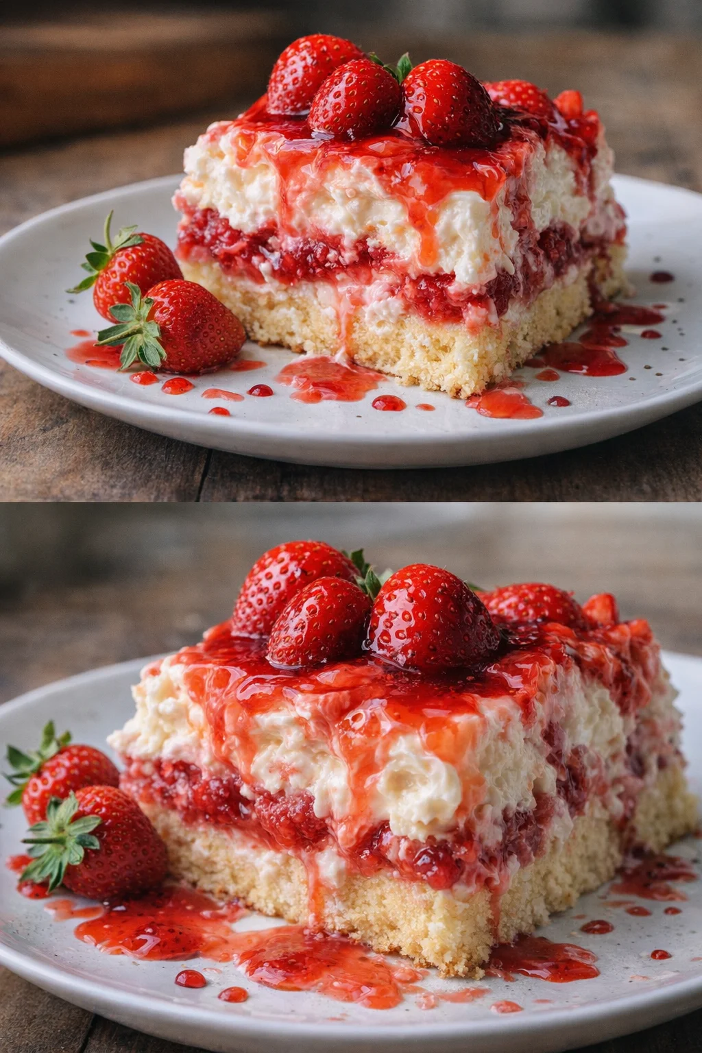 A slice of Strawberry Earthquake Cake topped with fresh strawberries and cream.