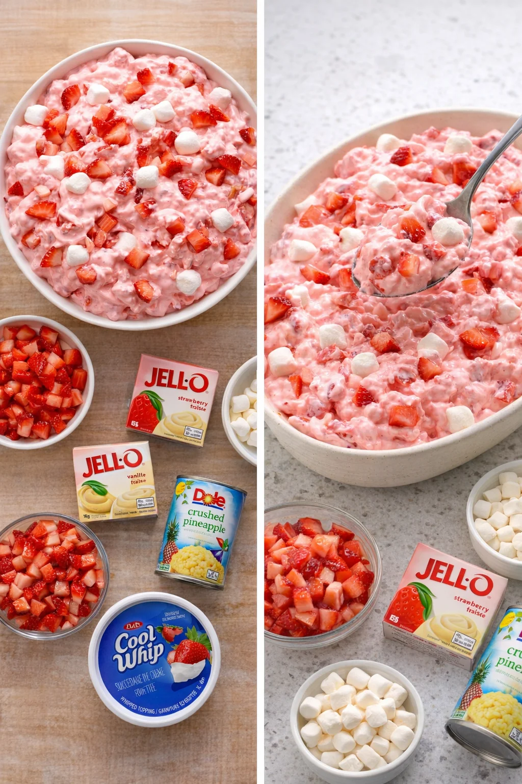 Delicious Strawberry Fluff Salad with whipped cream and fresh strawberries