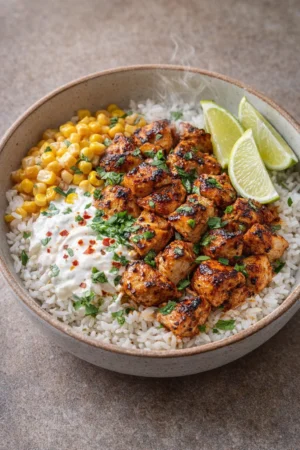 Delicious Street Corn Chicken Rice Bowl served in a vibrant bowl with fresh toppings.