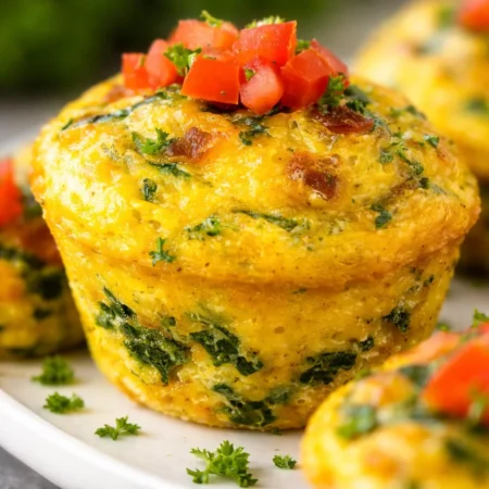 Easy breakfast egg muffins with cheese, bacon, and vegetables, ready for a quick meal.