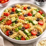 A bowl of colorful pasta salad drizzled with Italian dressing.