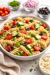 A bowl of colorful pasta salad drizzled with Italian dressing.