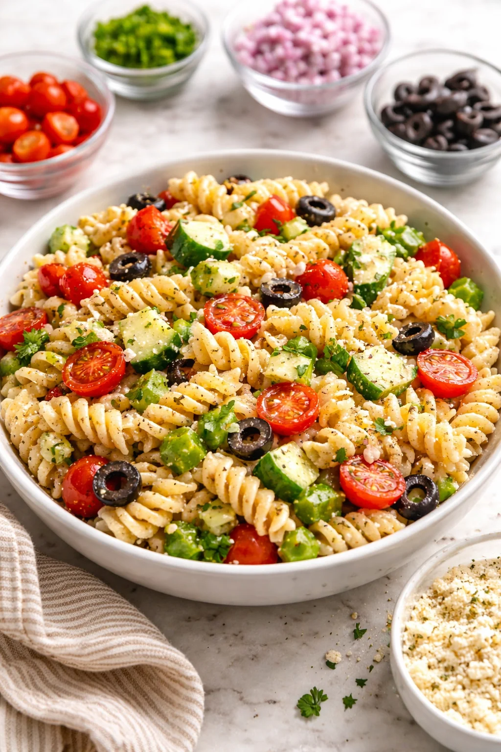 A bowl of colorful pasta salad drizzled with Italian dressing.
