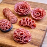 Different salami folding techniques displayed for charcuterie board decoration