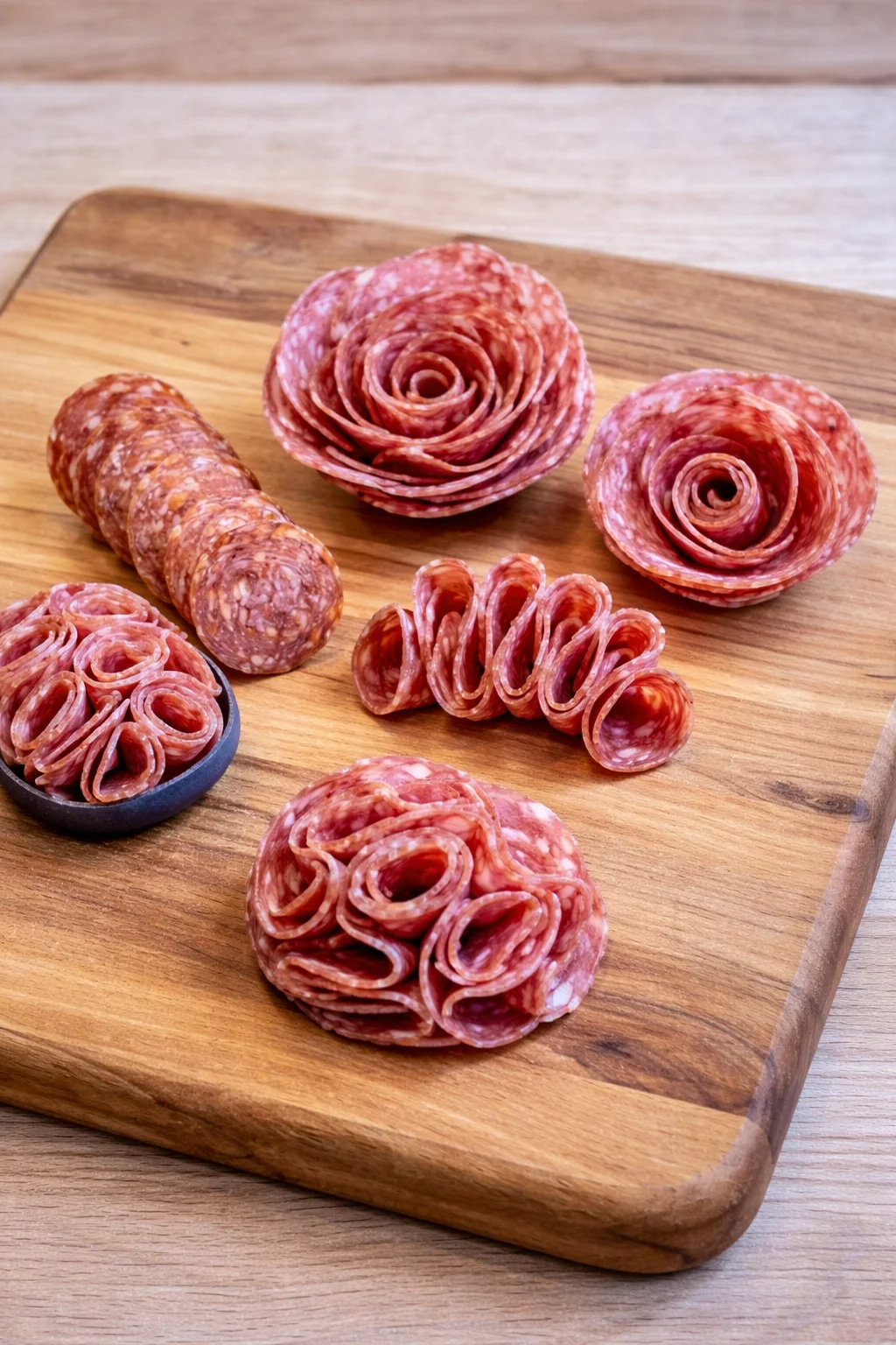 Different salami folding techniques displayed for charcuterie board decoration