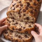Delicious slice of ultimate chocolate chip banana bread with chocolate chips