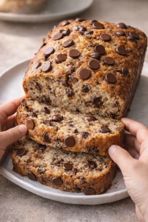 Delicious slice of ultimate chocolate chip banana bread with chocolate chips