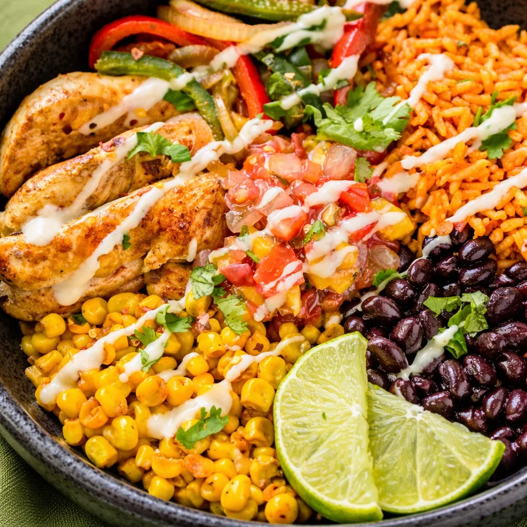 Healthy chicken and rice bowl with colorful veggies and flavorful seasonings.