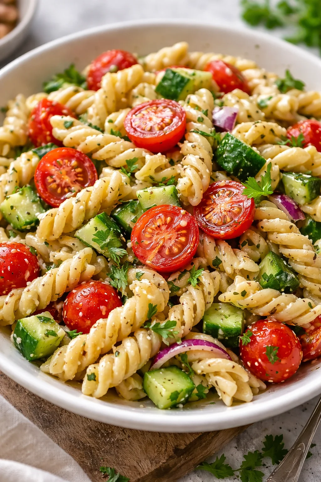 Bowl of Crack Pasta Salad with vibrant ingredients and fresh herbs