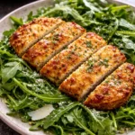 Crispy air fryer breaded chicken breast on a plate with fresh herbs.