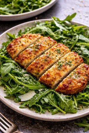 Crispy air fryer breaded chicken breast on a plate with fresh herbs.