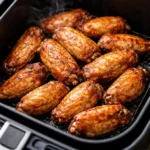 Crispy air fryer chicken wings served with dipping sauce on a plate.