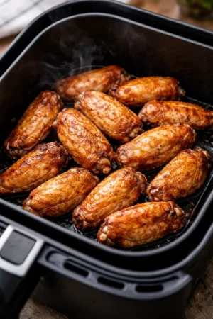 Crispy air fryer chicken wings served with dipping sauce on a plate.