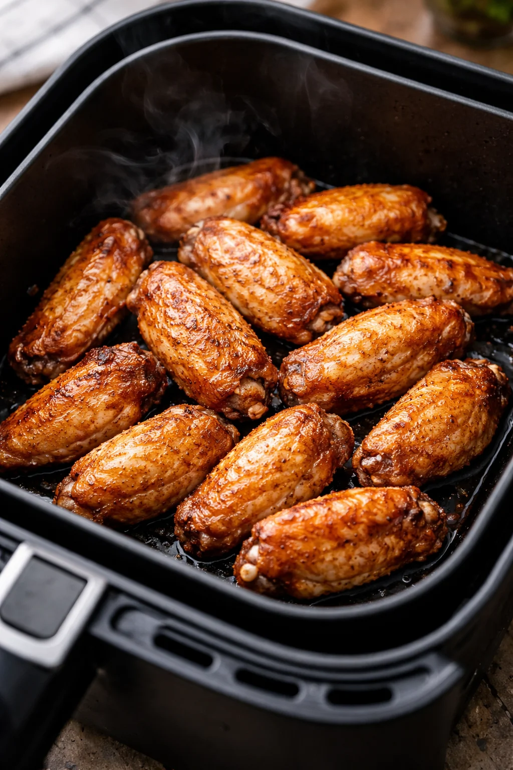 Crispy air fryer chicken wings served with dipping sauce on a plate.