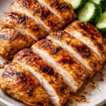 Delicious air fryer grilled chicken served on a plate with herbs