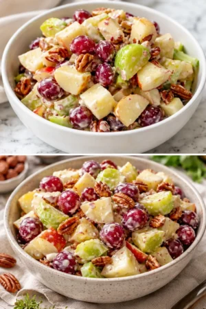 Fresh apple salad with greens, nuts, and dressing on a wooden table