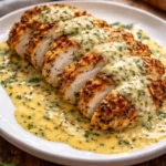 Baked Caesar Chicken breast with creamy parmesan sauce in a serving dish