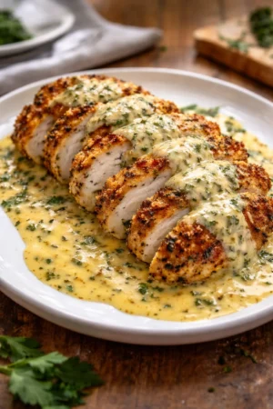 Baked Caesar Chicken breast with creamy parmesan sauce in a serving dish